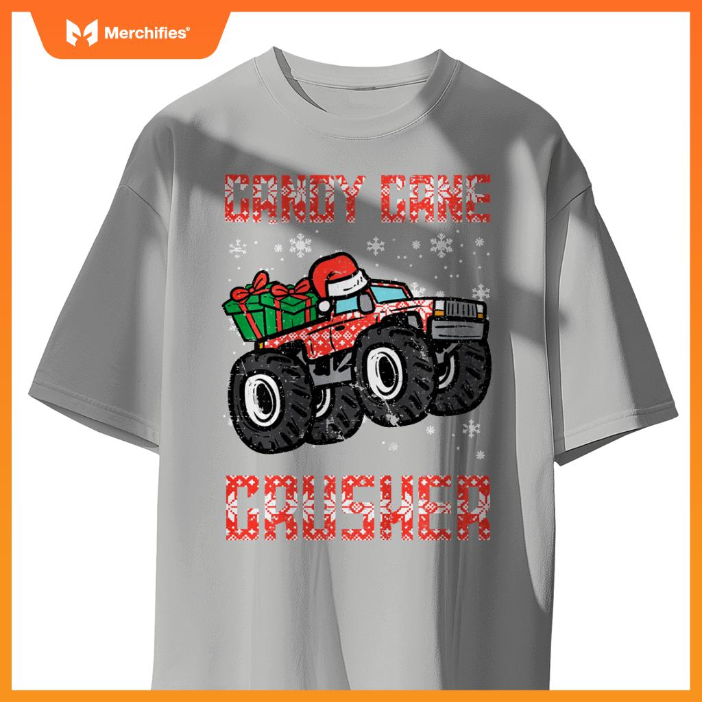 Kids Christmas Candy Cane Crusher Xmas Monster Truck Toddler Boys T-Shirt