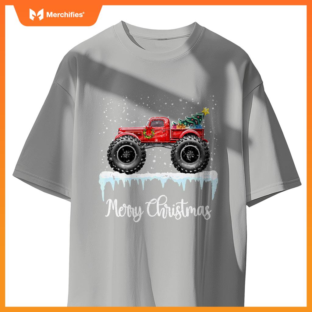 Merry Christmas Red Monster Truck Old Fashioned Xmas T-Shirt