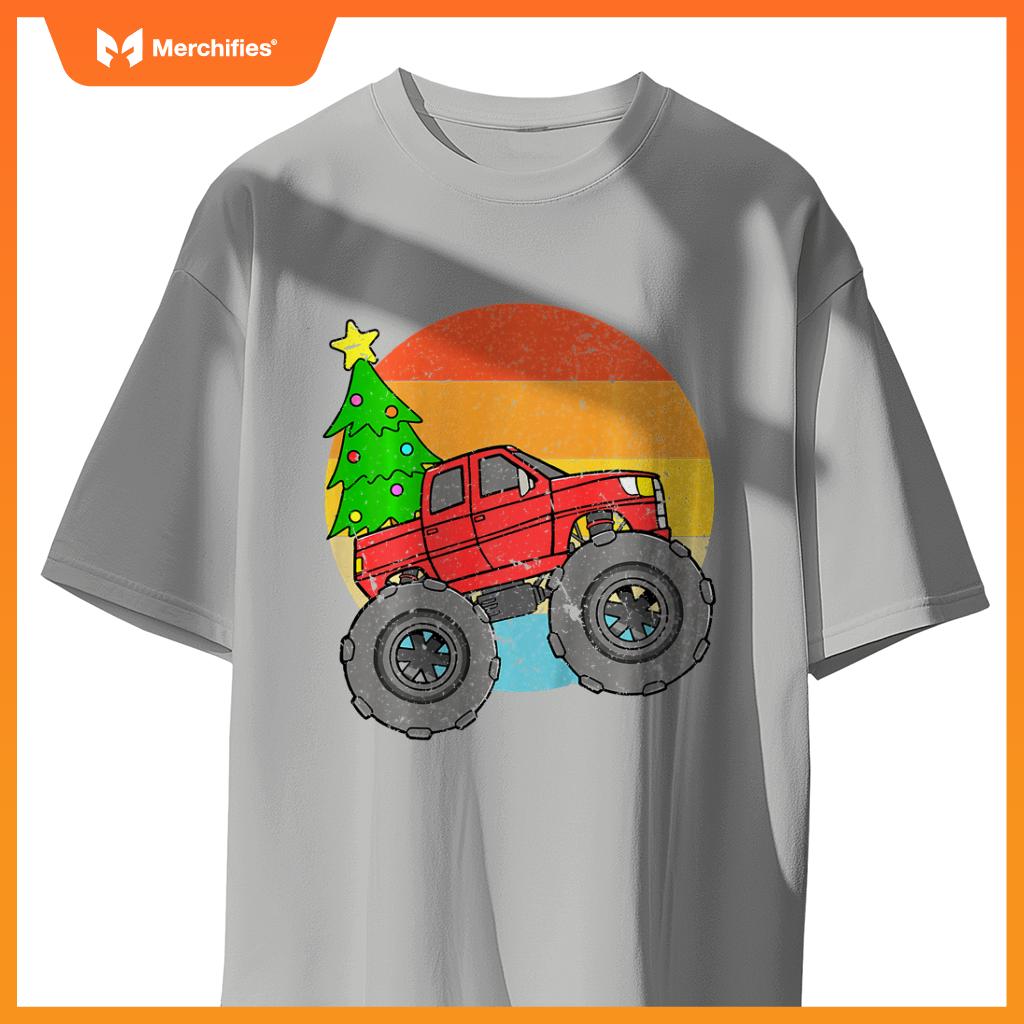 Kids Vintage Sunset Christmas Tree Monster Truck Retro Boys Girls T-Shirt