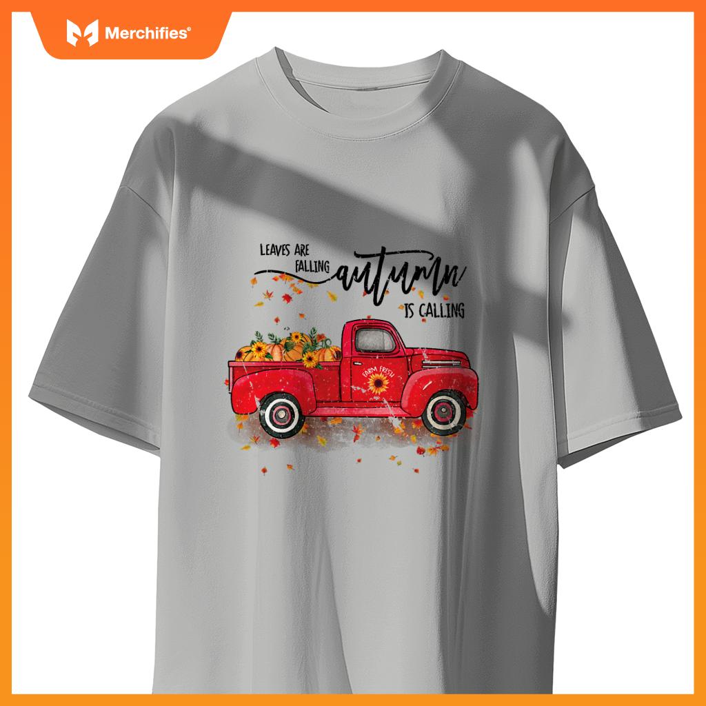 Leaves Are Falling Autumn Is Calling Red Truck Pumpkins T-Shirt