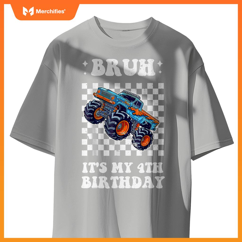 Kid 4 Years Old Bruh It's My 4th Birthday Boys Monster Truck T-Shirt