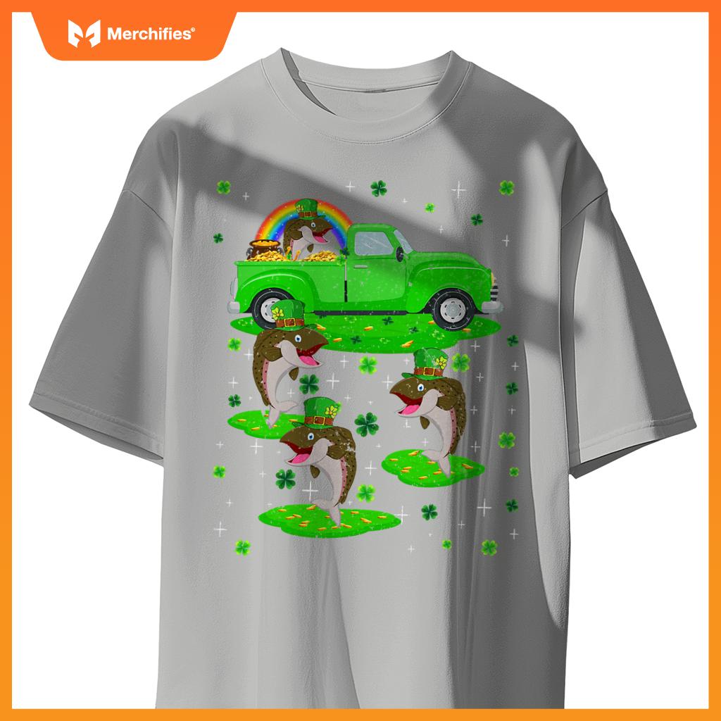 Irish Shamrock Green Truck On Salmon Fish St Patricks Day T-Shirt
