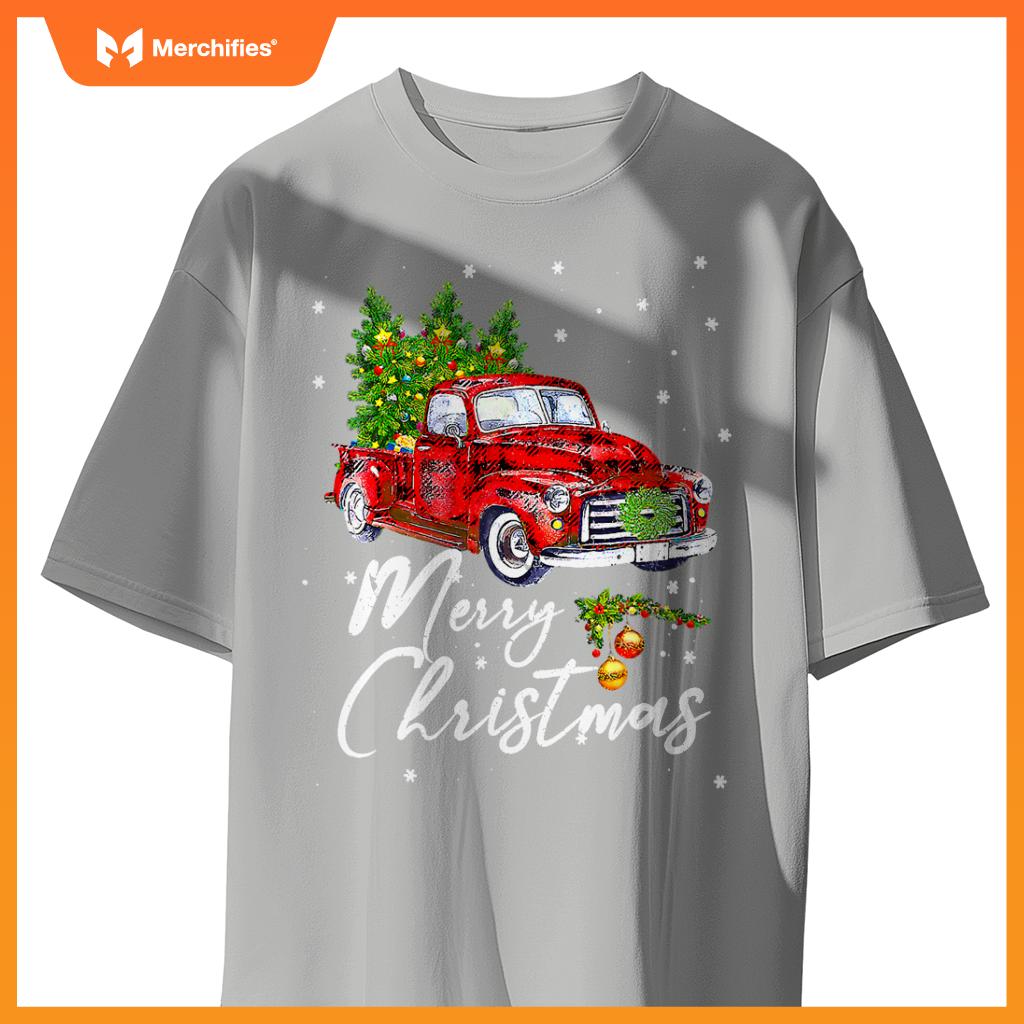 Merry Christmas Wagon Red Truck Pajama Family Party T-Shirt