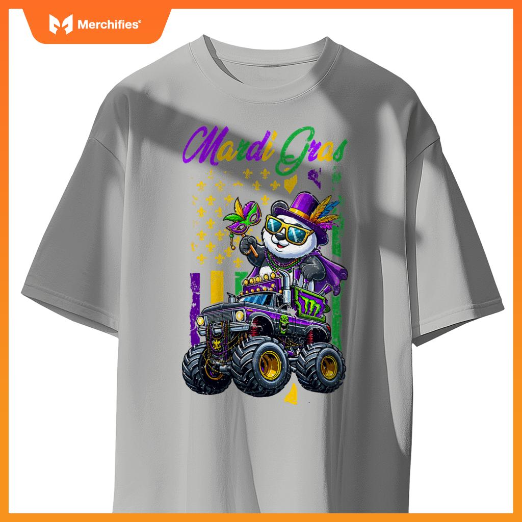 Mardi Gras Panda Sunglasses On Monster Truck Beads Masked T-Shirt