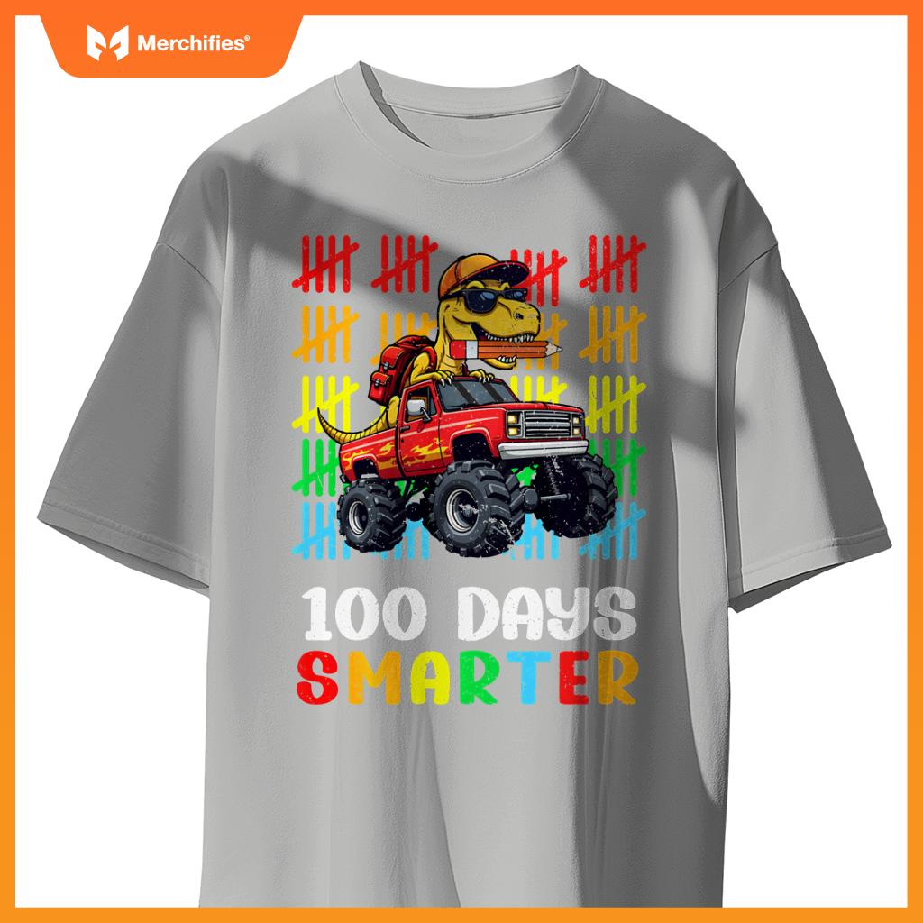 Monster Truck Dinosaur Boys 100 Days of School T-Rex Kids T-Shirt