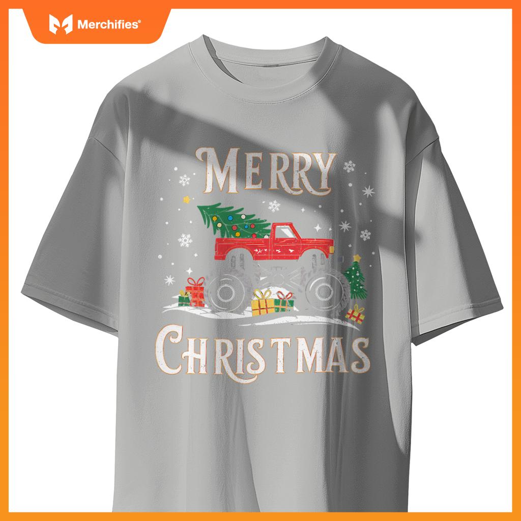 Merry Christmas Monster Truck Xmas Family Boys Ns Kids T-Shirt