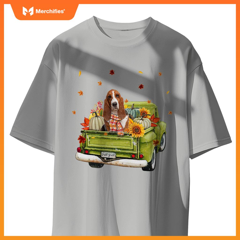 Happy Fall Yall Basset Hound Dog On Truck Pumpkin Fall T-Shirt