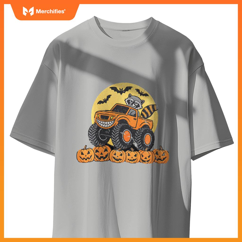 Kids Halloween Monster Truck Driven By A Raccoon School Kids T-Shirt
