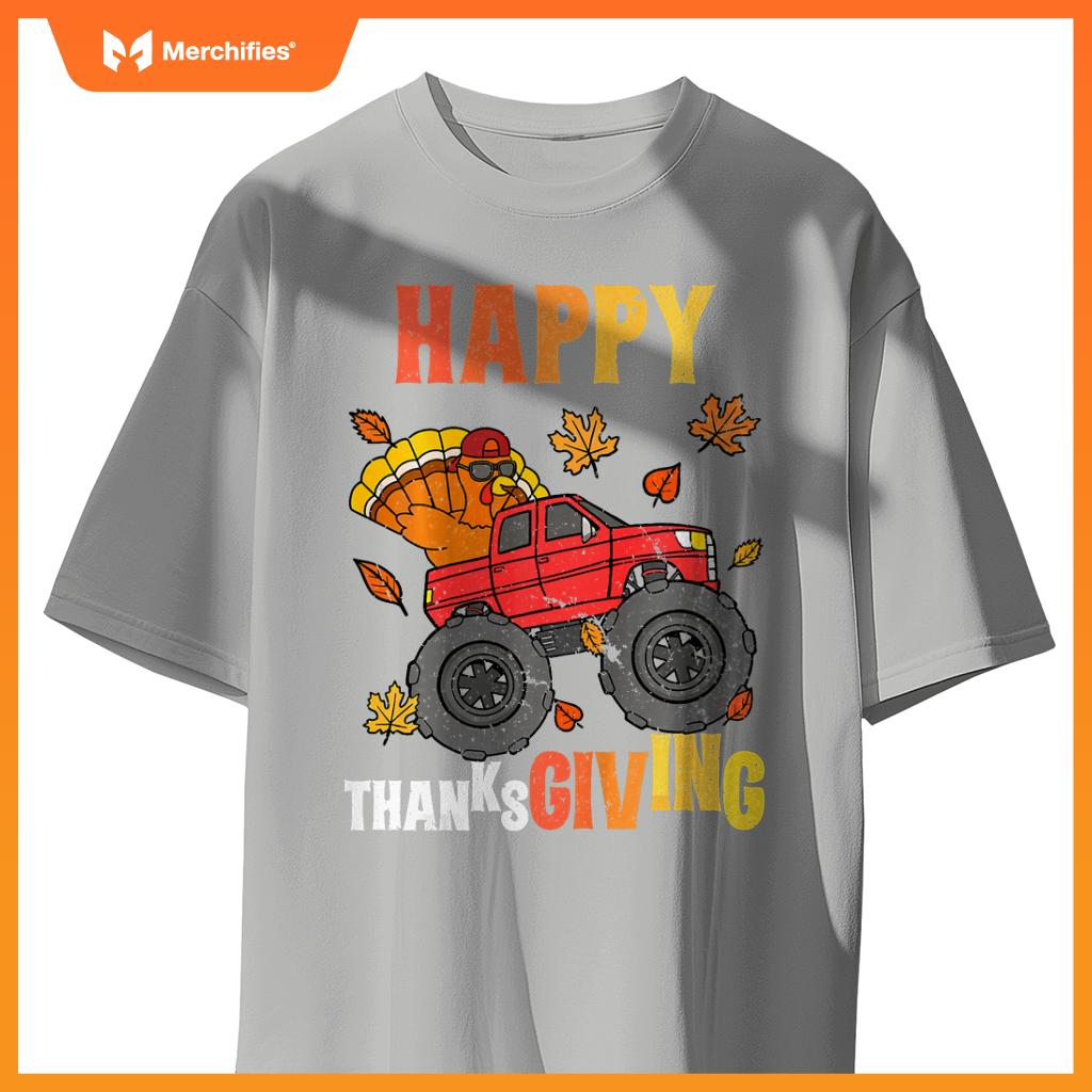 Kids Monster Truck Turkey Happy Thanksgiving Boys Girls T-Shirt