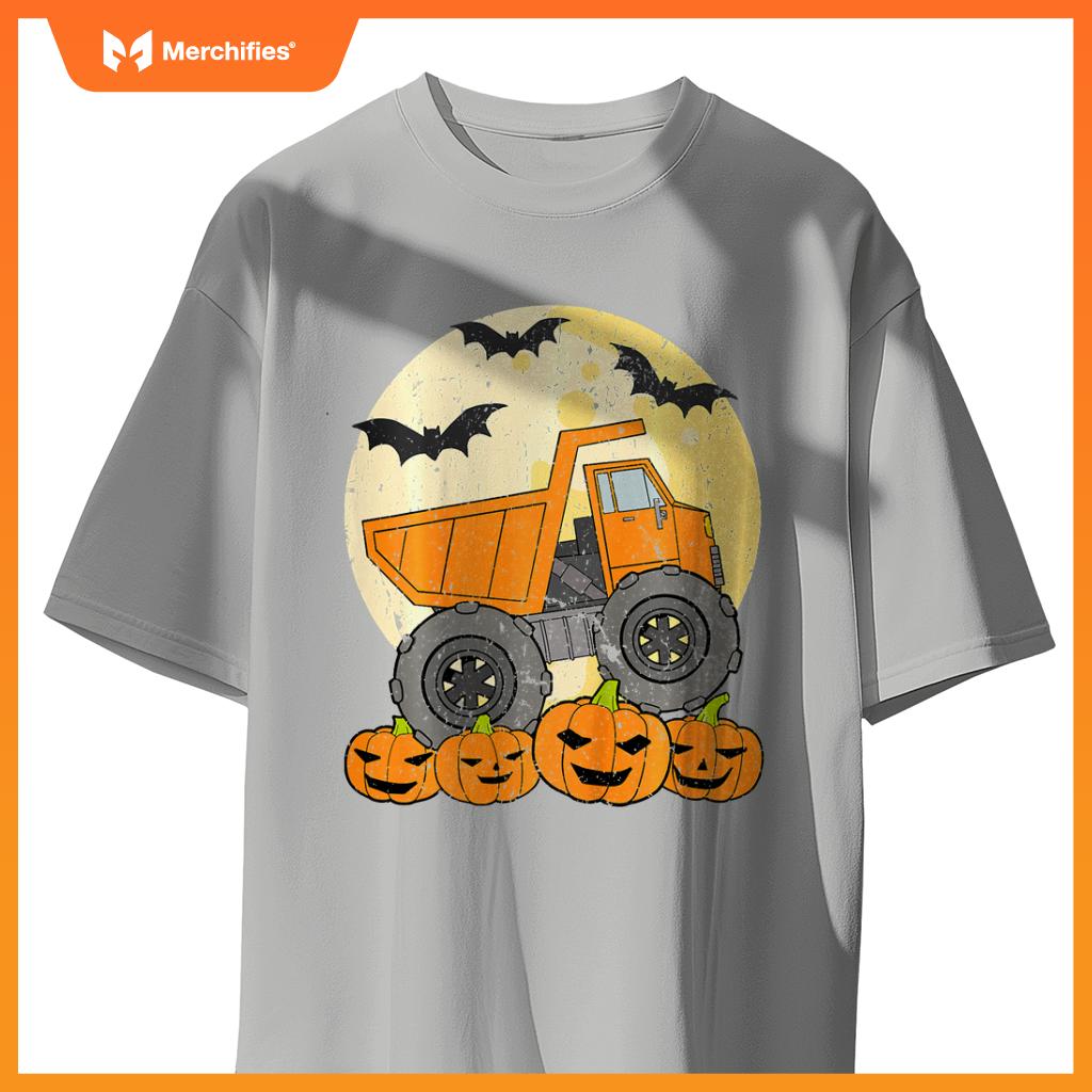 Kids Construction Monster Truck Halloween Pumpkins Toddler Boys T-Shirt