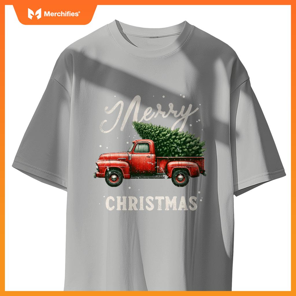 Merry Christmas Tree On Red Truck Wagon Xmas T-Shirt
