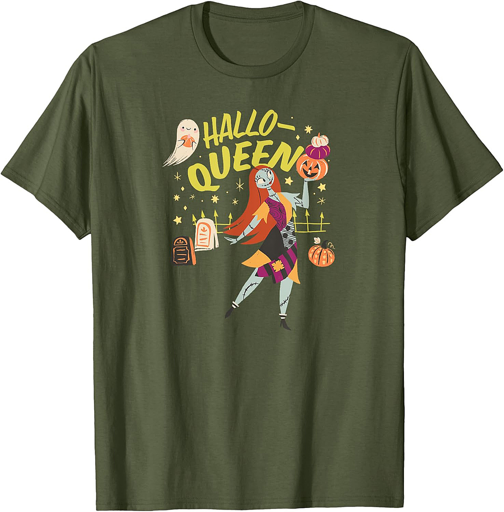 Amazon Essentials Men's Nightmare Before Christmas Halloween Sally Hallo-Queen T-Shirt, Black Graphic Print, Small
