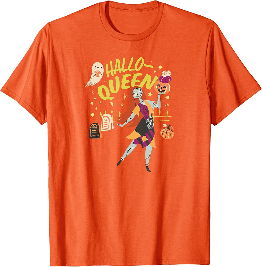 Amazon Essentials Men's Nightmare Before Christmas Halloween Sally Hallo-Queen T-Shirt, Black Graphic Print, Small