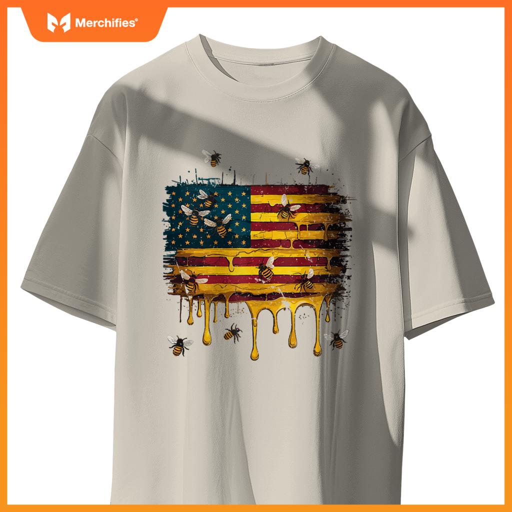 American Flag Dripping Honeybee Patriotic Beekeeper Bees T-Shirt