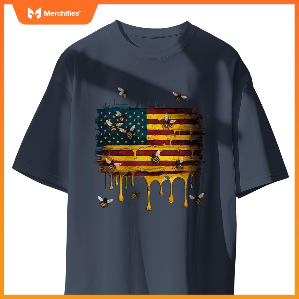 American Flag Dripping Honeybee Patriotic Beekeeper Bees T-Shirt