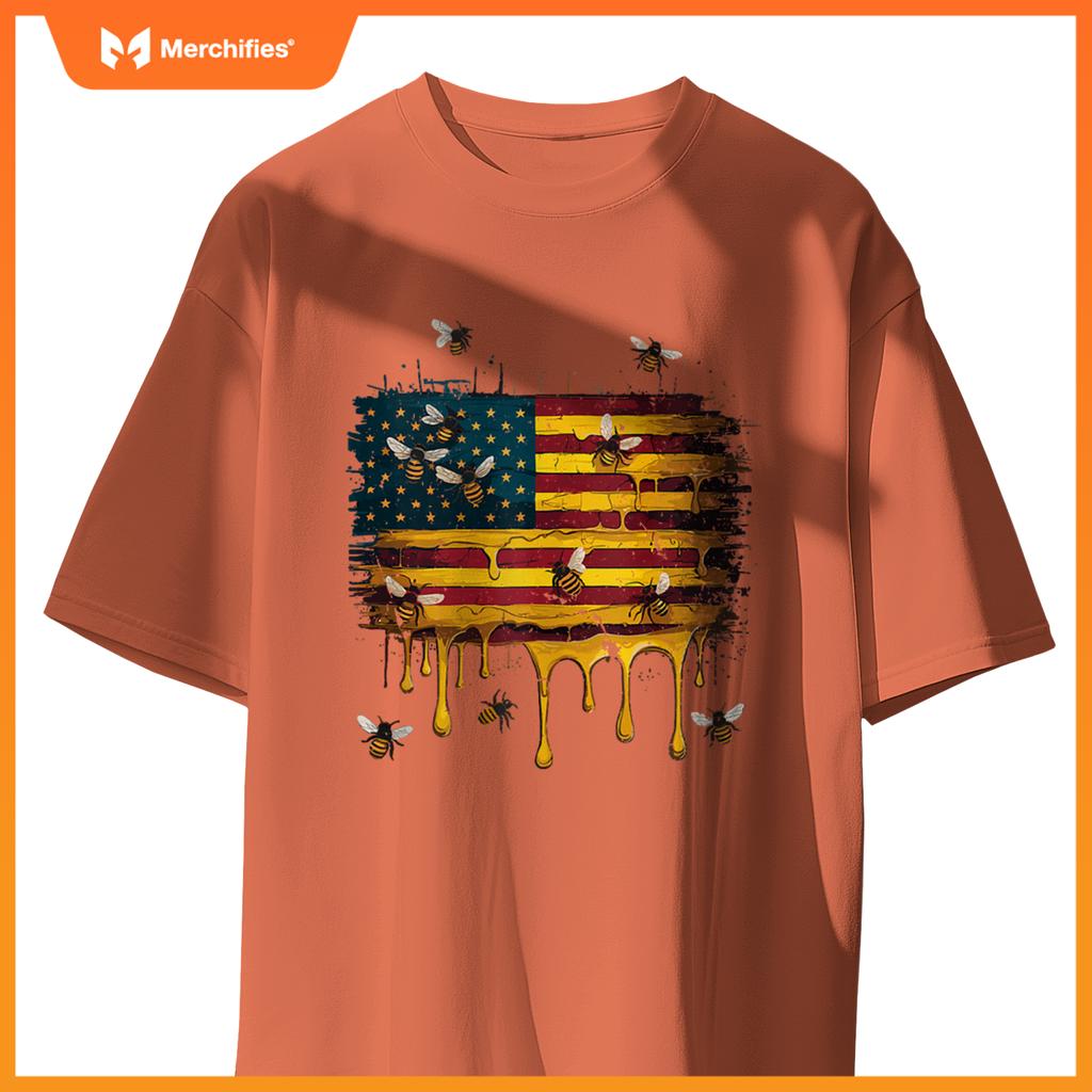 American Flag Dripping Honeybee Patriotic Beekeeper Bees T-Shirt