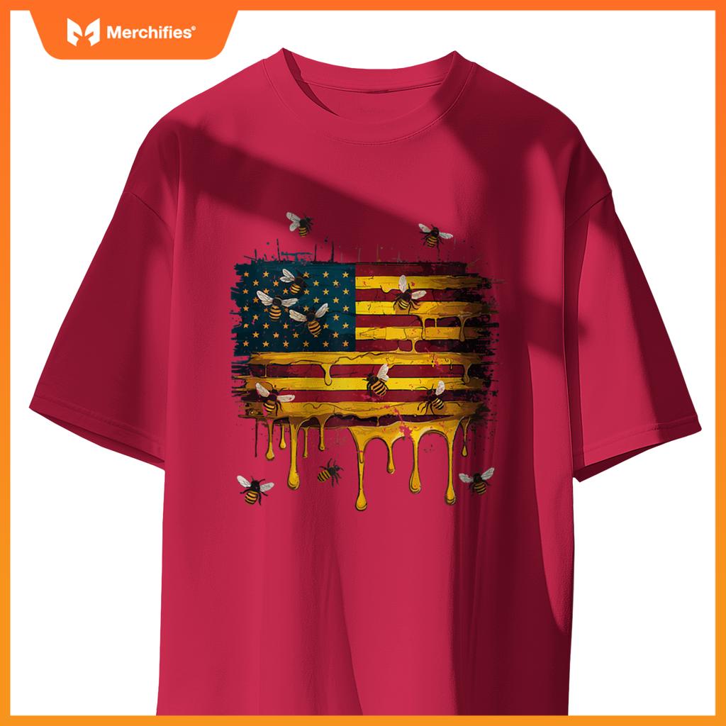 American Flag Dripping Honeybee Patriotic Beekeeper Bees T-Shirt