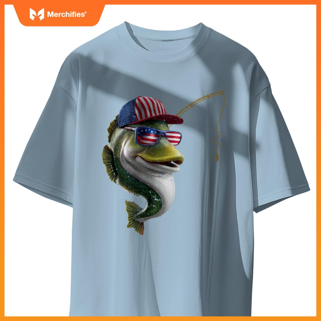 American Flag Fishing Vintage Patriotic Angler Design T-Shirt