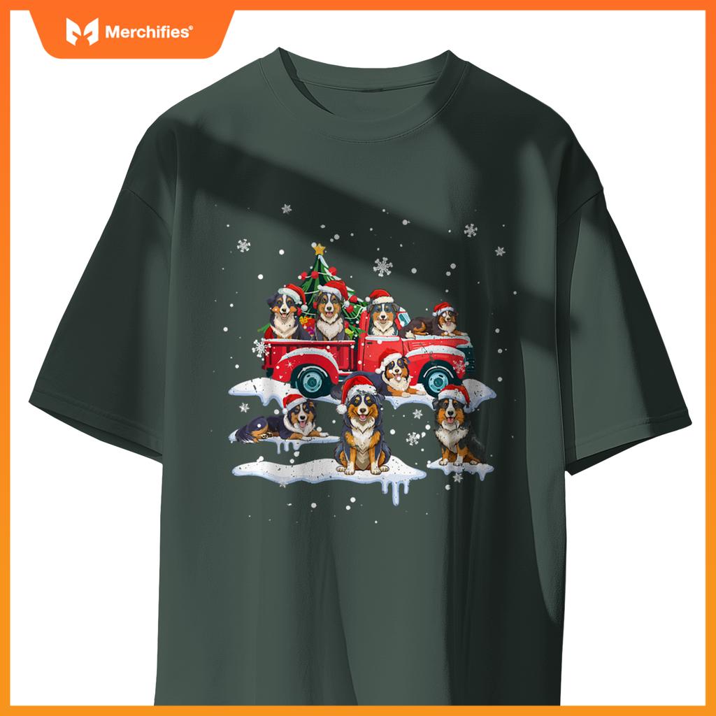 Australian Shepherd Riding Red Truck Merry Christmas Xmas T-Shirt
