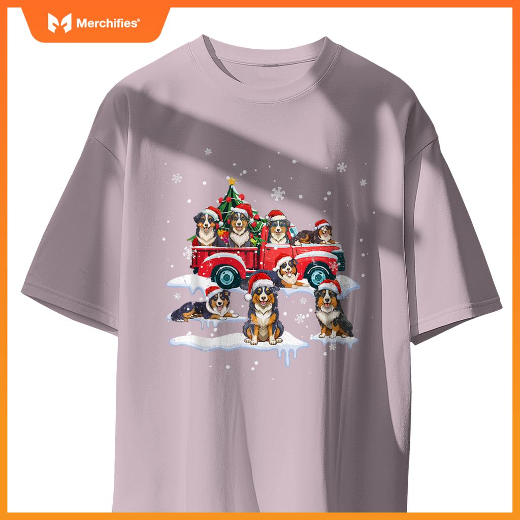 Australian Shepherd Riding Red Truck Merry Christmas Xmas T-Shirt