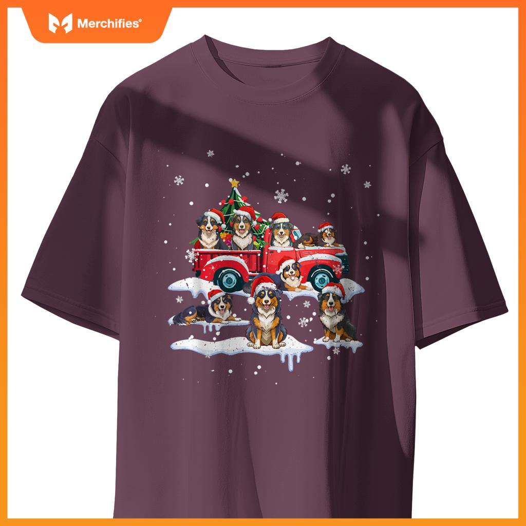 Australian Shepherd Riding Red Truck Merry Christmas Xmas T-Shirt