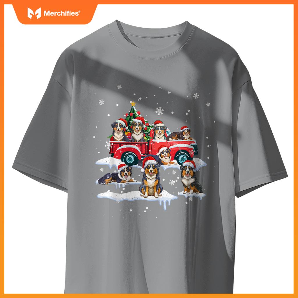 Australian Shepherd Riding Red Truck Merry Christmas Xmas T-Shirt