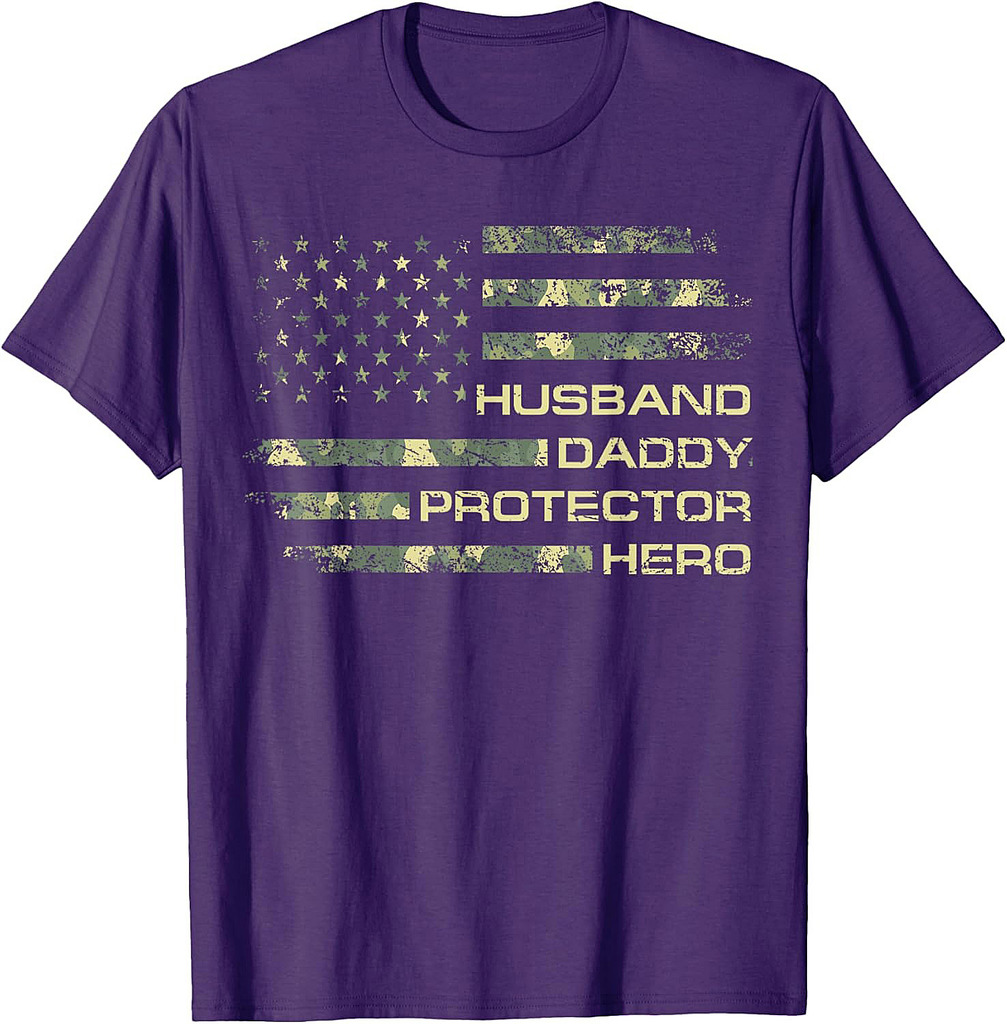 Husband Daddy Protector Hero Fathers Day Camo American Flag T-Shirt