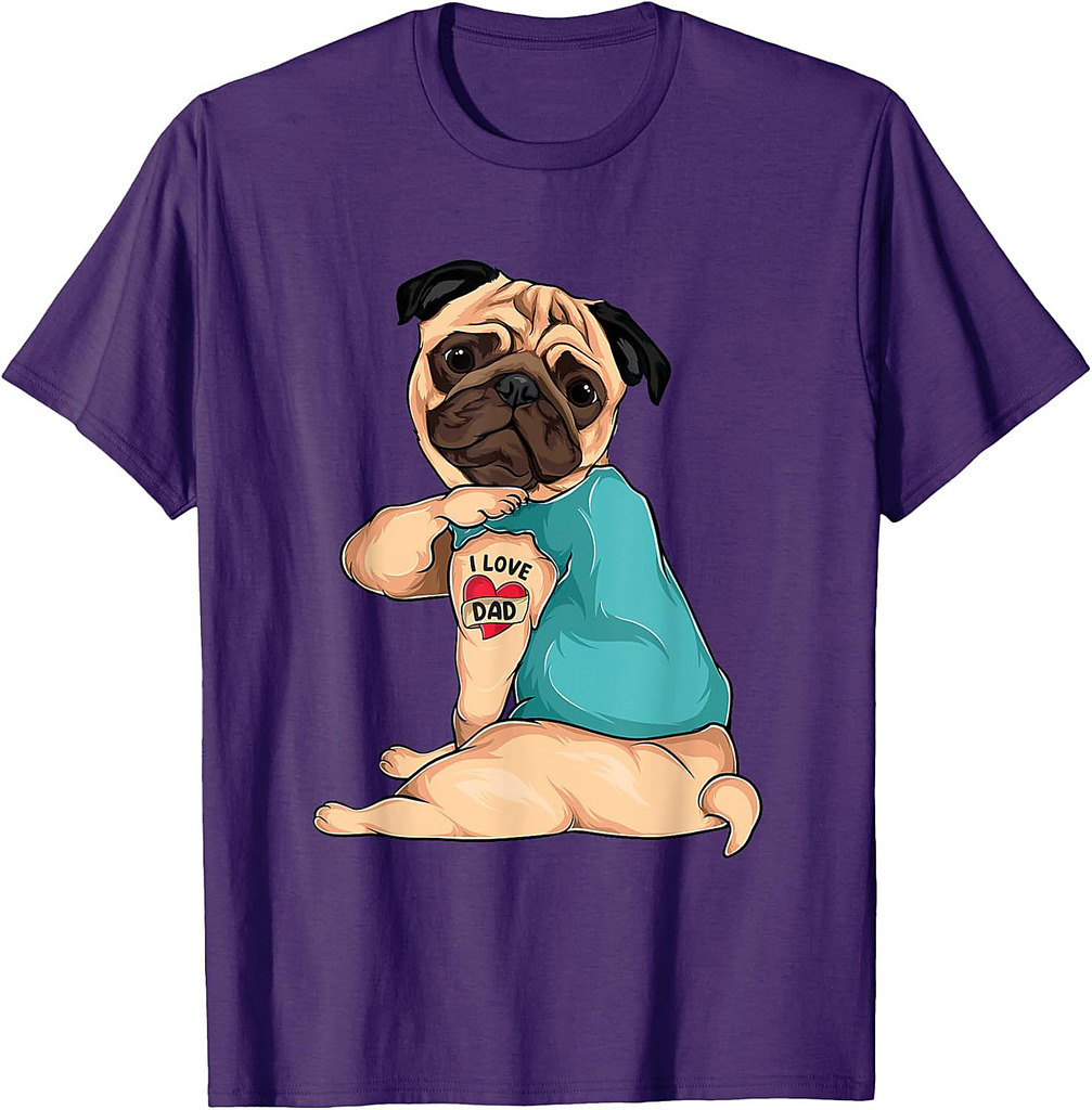 Father's Day Gift Funny Dog Pug I Love Dad Tattoo T-Shirt