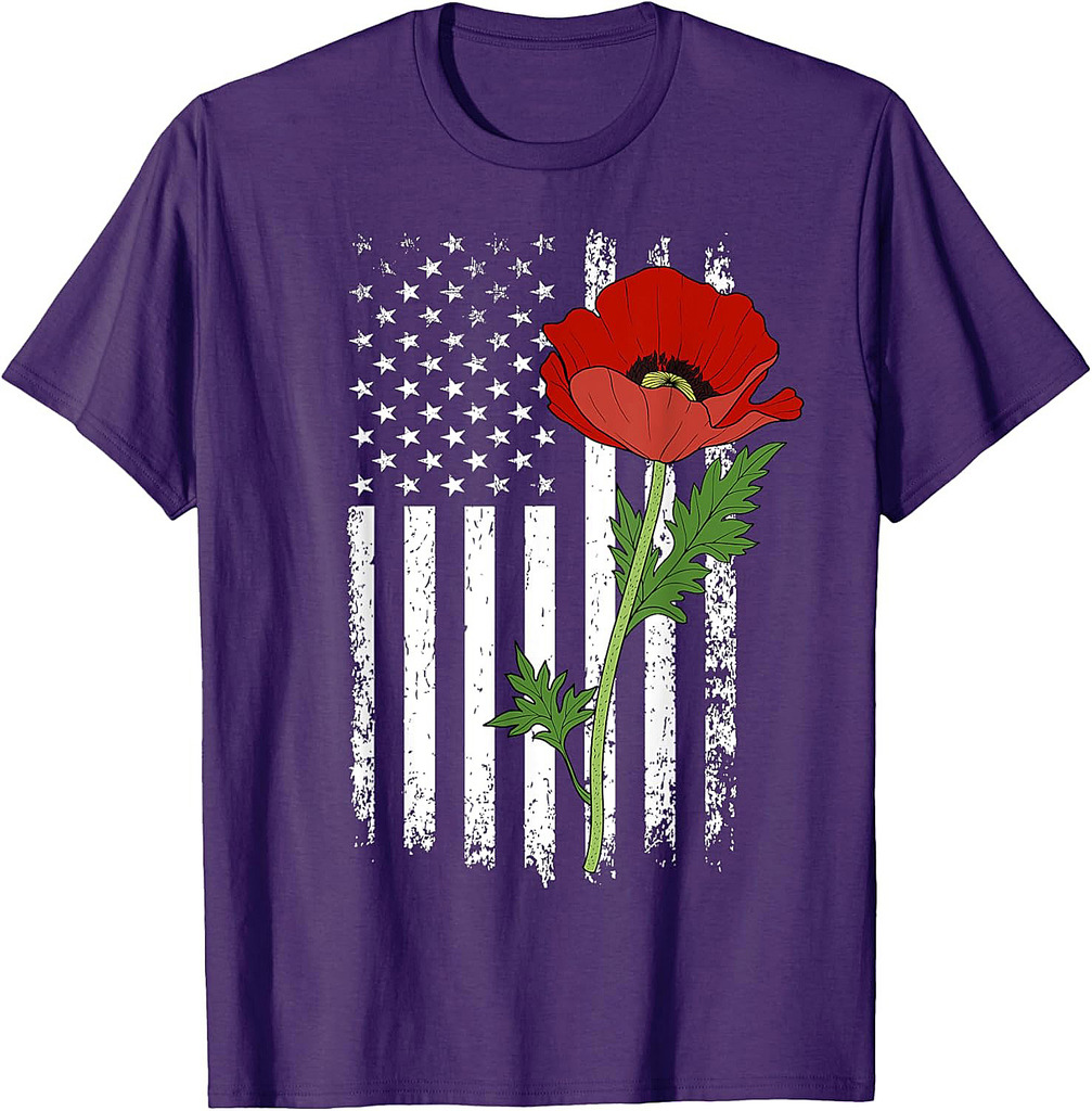 Memorial Day Red Poppy American Flag Veteran Military T-Shirt