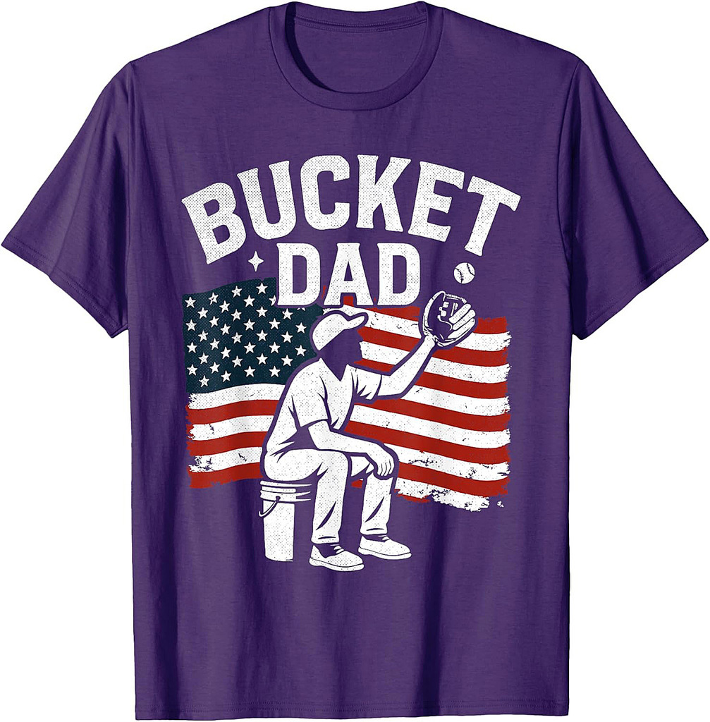 Father's Day Bucket Dad Baseball Coach Vintage American Flag T-Shirt