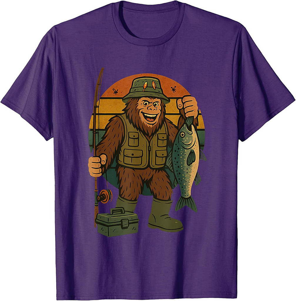 Bigfoot Fishing Funny Retro Sasquatch Dad T-Shirt