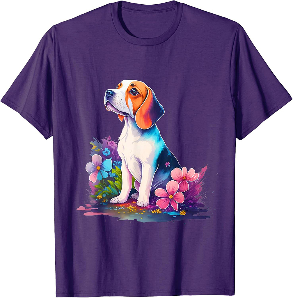 Beagle Dog by Flowers Vintage Style Graphic T-Shirt