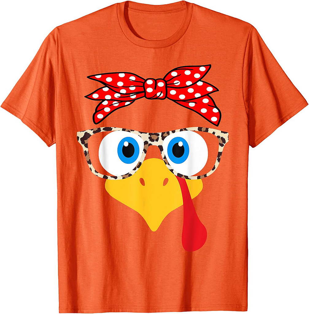 Turkey Face Leopard Print Glasses Thanksgiving Women Girl T-Shirt