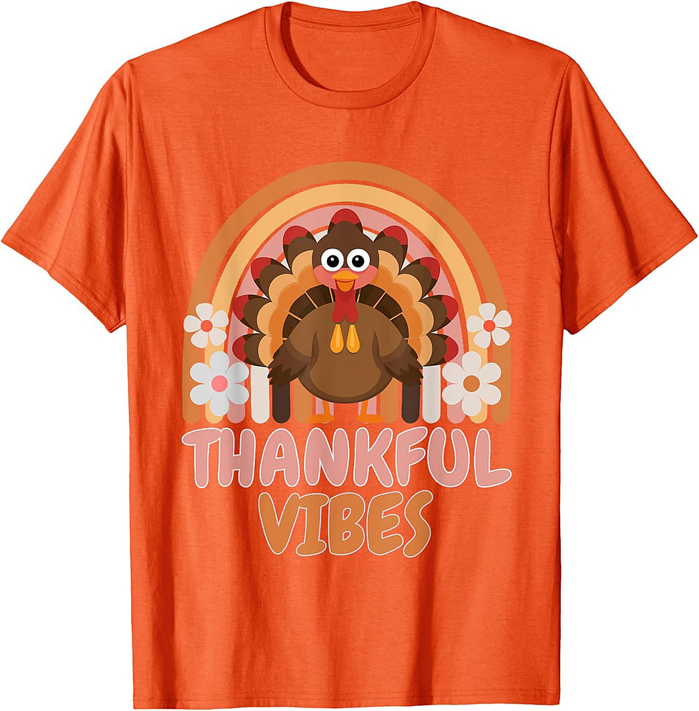 Thankful Vibes Turkey Rainbow Funny Retro Thanksgiving Women 001 T-Shirt