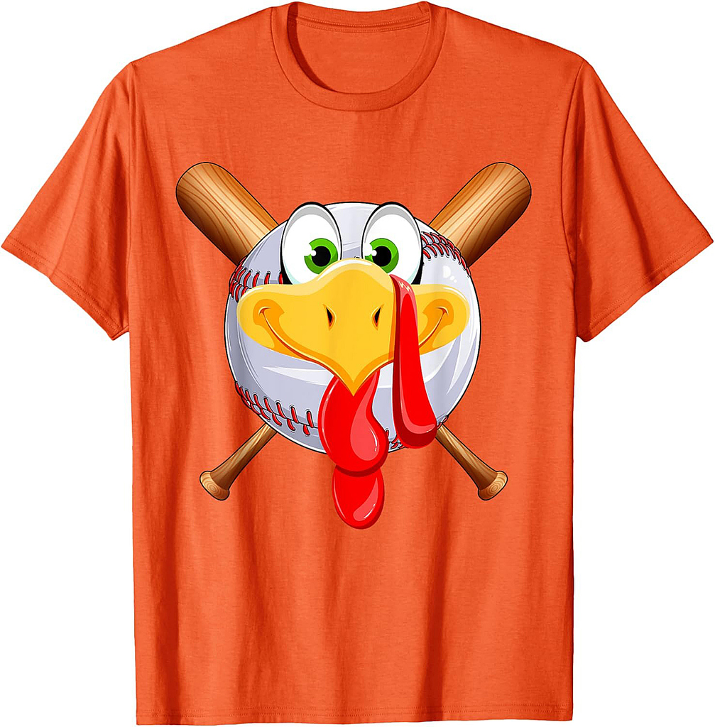 Funny Turkey Face & Baseball Ball Fall Vibes Thanksgiving T-Shirt