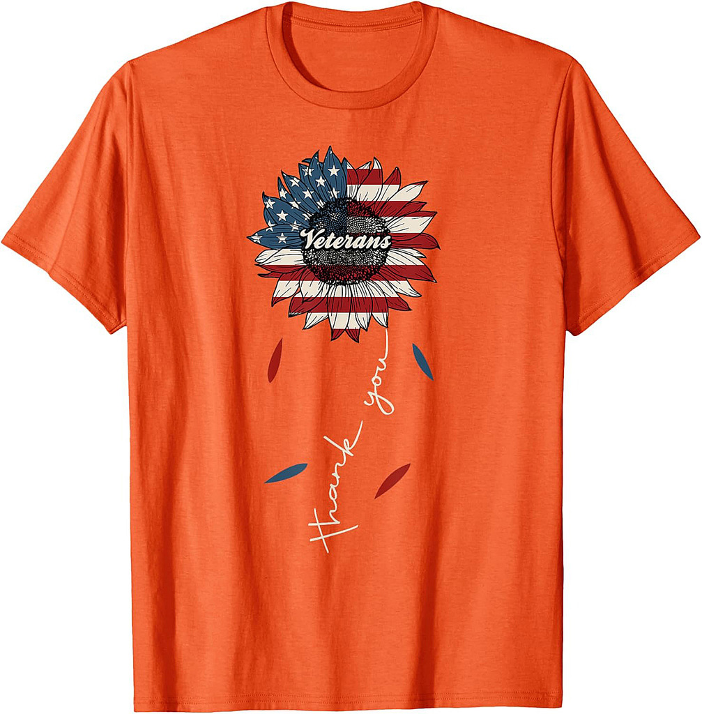 Thank You Veterans Sunflower US America Flag Patriotic Women T-Shirt