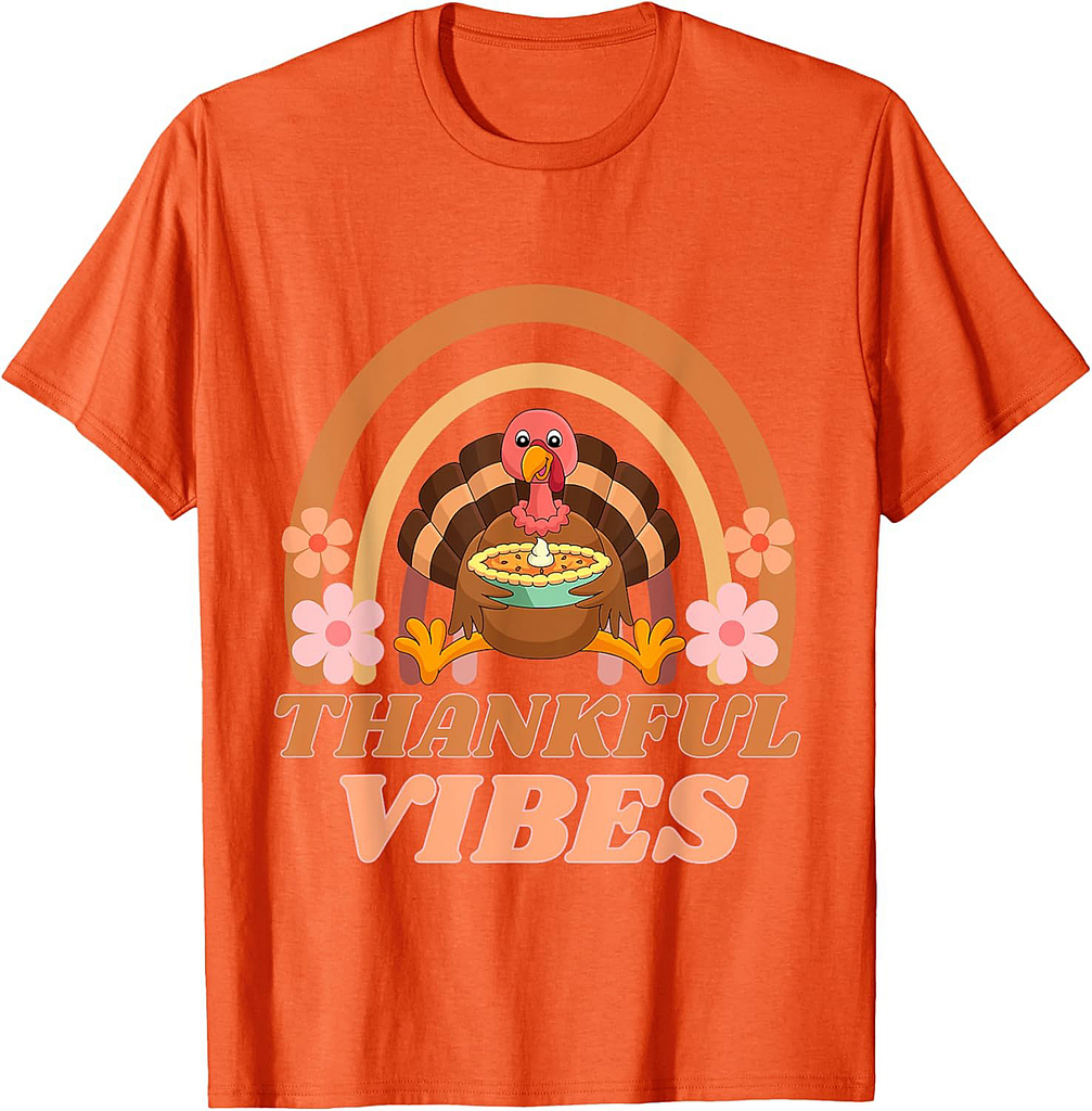 Thankful Vibes Turkey Rainbow Funny Retro Thanksgiving Women 002 T-Shirt
