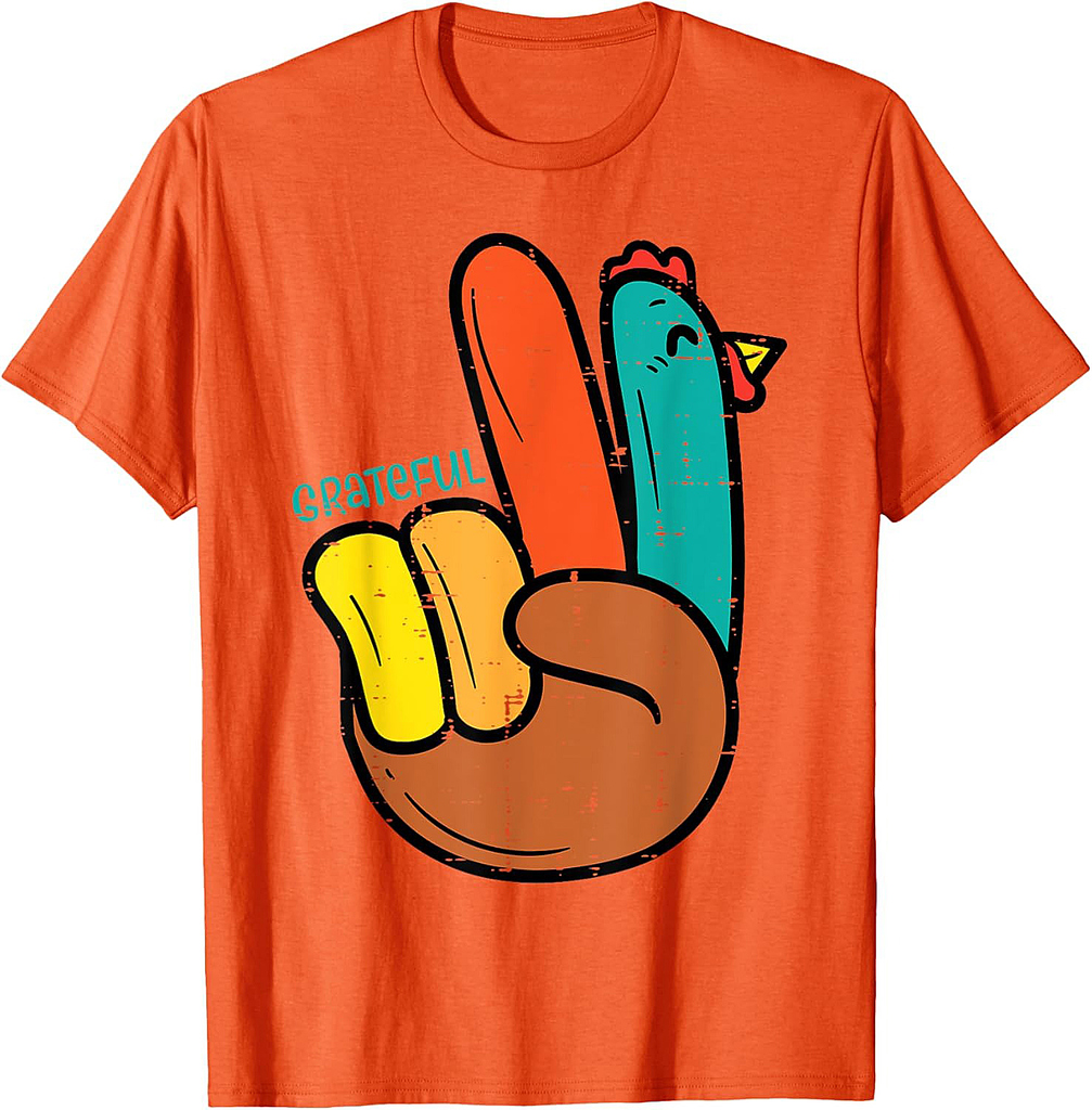 Peace Hand Turkey Grateful Thanksgiving Hippi Men Women T-Shirt
