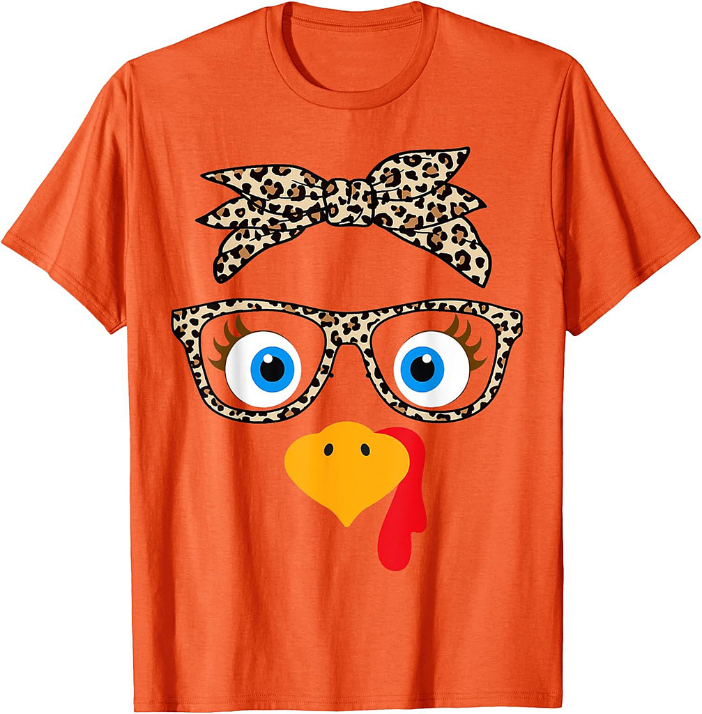 Leopard Print Thanksgiving Turkey Face Glasses Women Girls T-Shirt