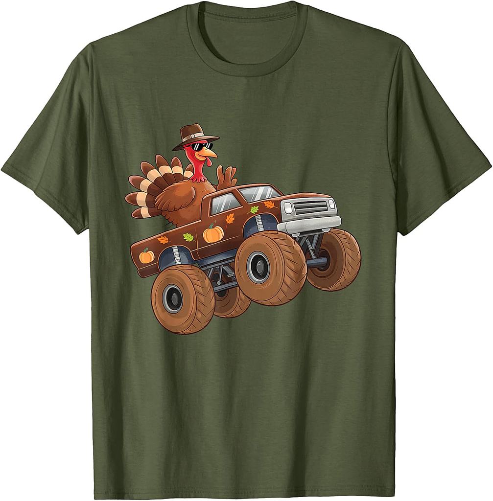 Turkey Thanksgiving Riding Monster Truck Boys T-Shirt