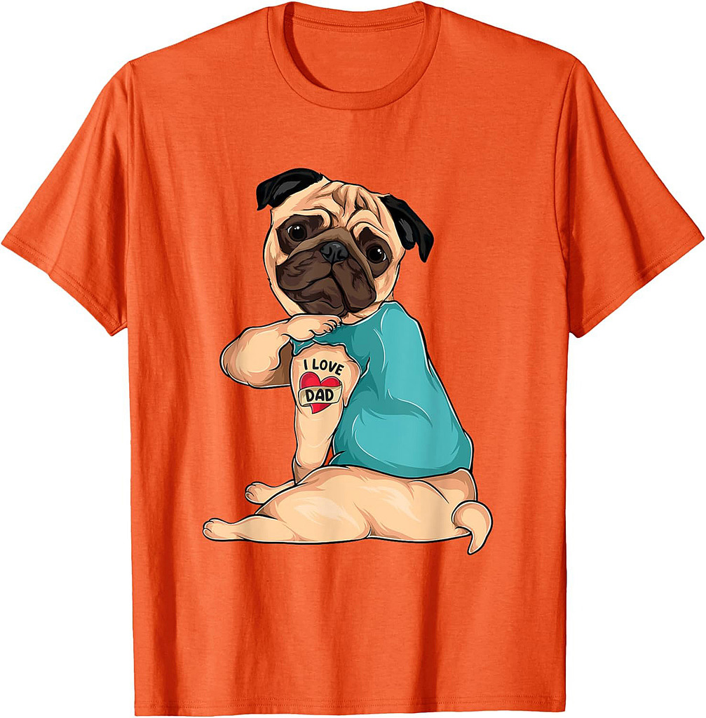 Father's Day Gift Funny Dog Pug I Love Dad Tattoo T-Shirt