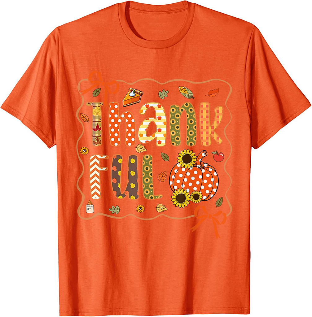 Thankful Thanksgiving Pumpkin Colorful Autumn Leaves Floral T-Shirt