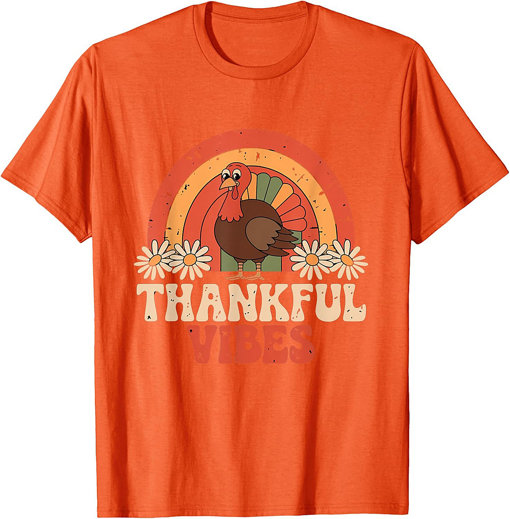 Retro Vintage Thankful Vibes Turkey Rainbow Thanksgiving 003 T-Shirt
