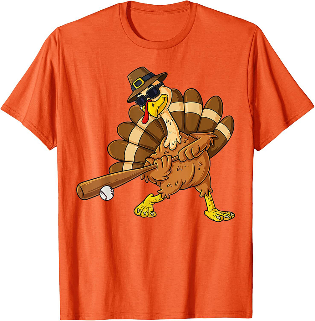 Thanksgiving Turkey Swinging Baseball Bat Boys Teens T-Shirt
