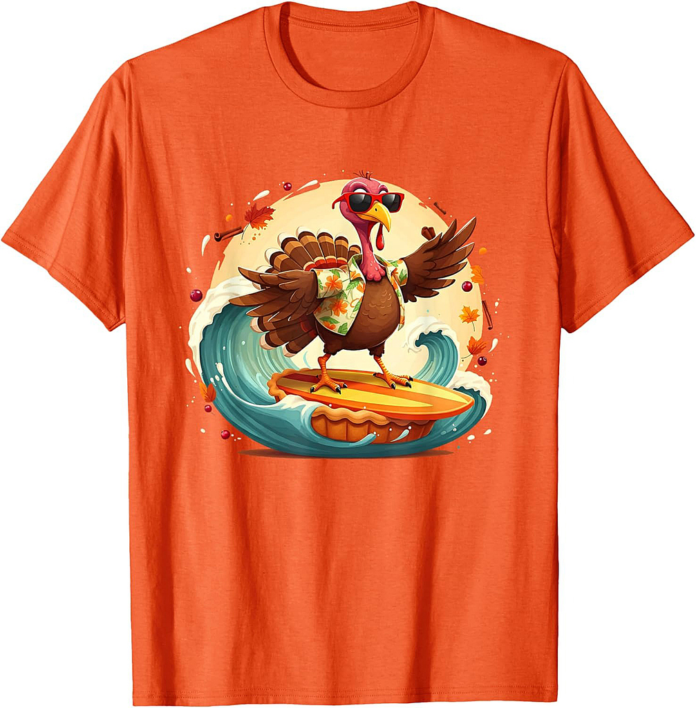 Funny Surf Hawaiian Turkey Surfing Pumpkin Pie Thanksgiving T-Shirt