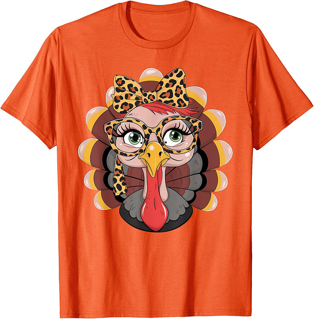 Thanksgiving Turkey Face Leopard Print Glasses Women Girls T-Shirt