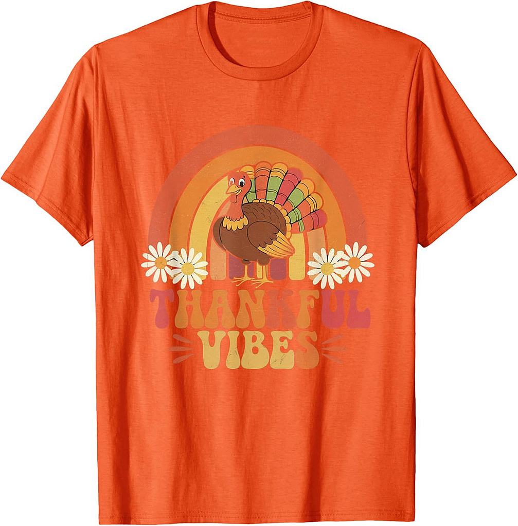 Retro Vintage Thankful Vibes Turkey Rainbow Thanksgiving T-Shirt
