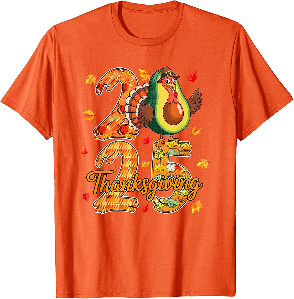Thanksgiving 2025 Cute Turkey As Avocado Vegan Fall Leaves T-Shirt