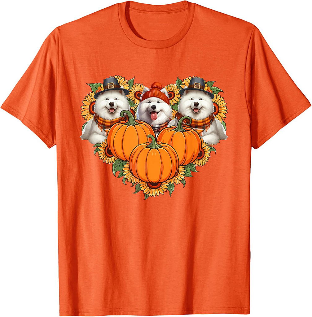 Three Cute Samoyeds Thanksgiving Pilgrim Fall Sunflowers T-Shirt