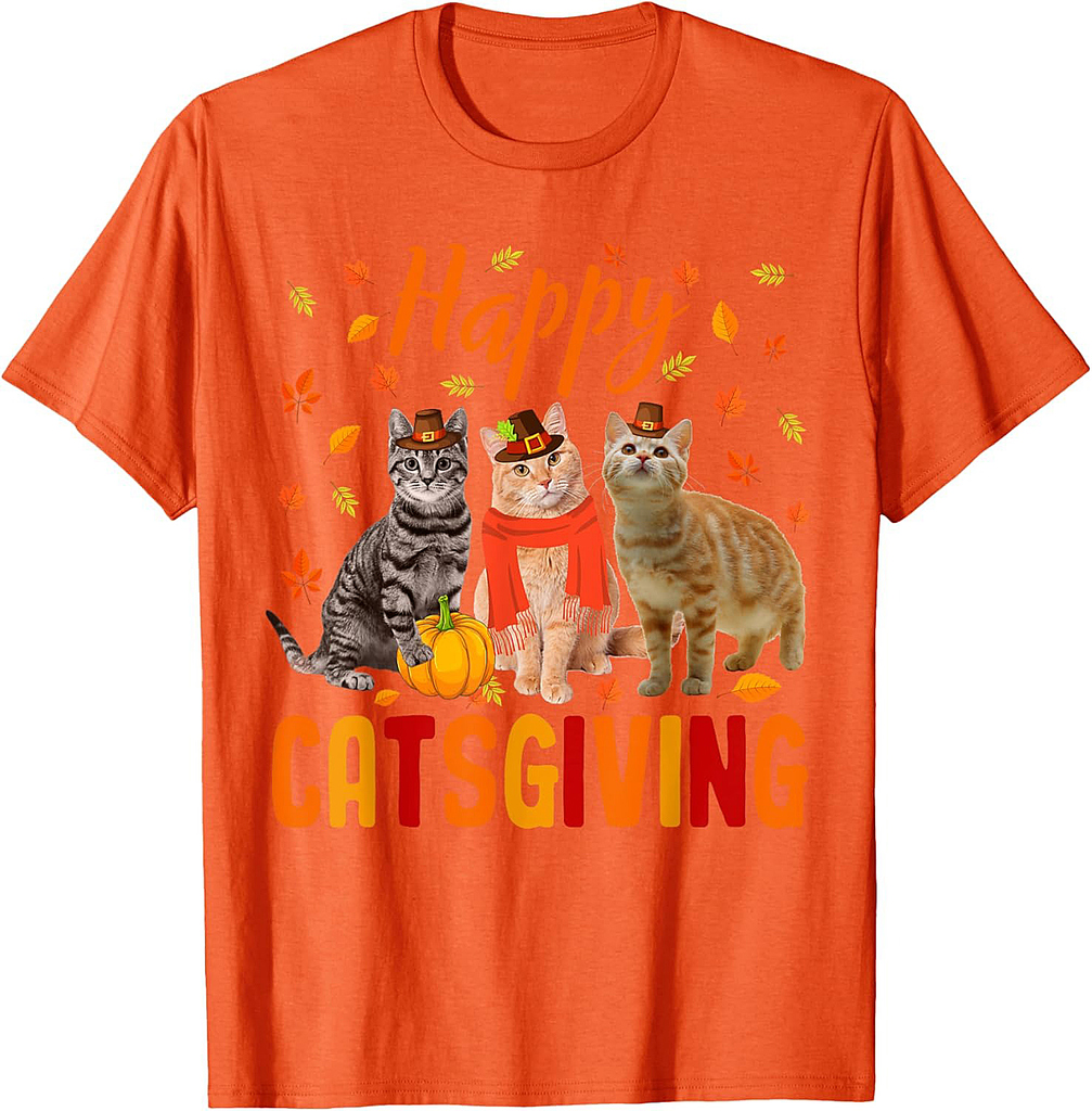 Happy Catsgiving Cute Thanksgiving Cat Wears Pilgrim Hat T-Shirt